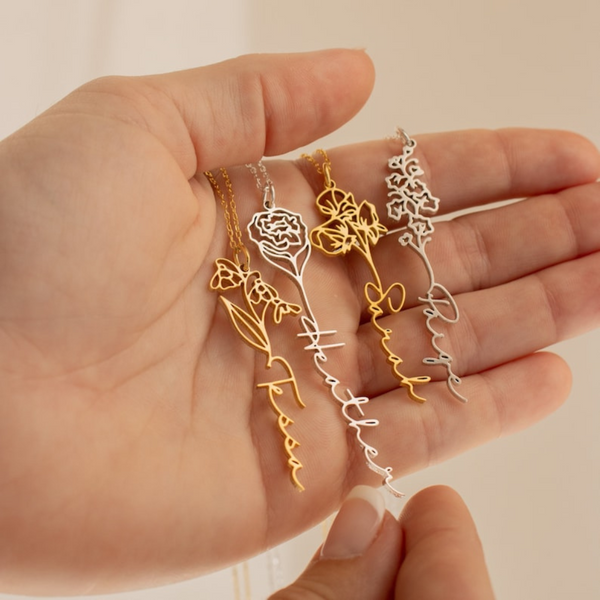 Birth flower Signature Name Necklace