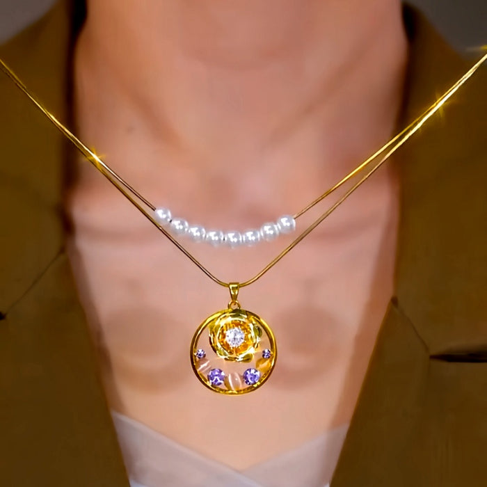 18K Gold-Plated Elegant Double-Layer Purple Diamond Rose Pearl Necklace