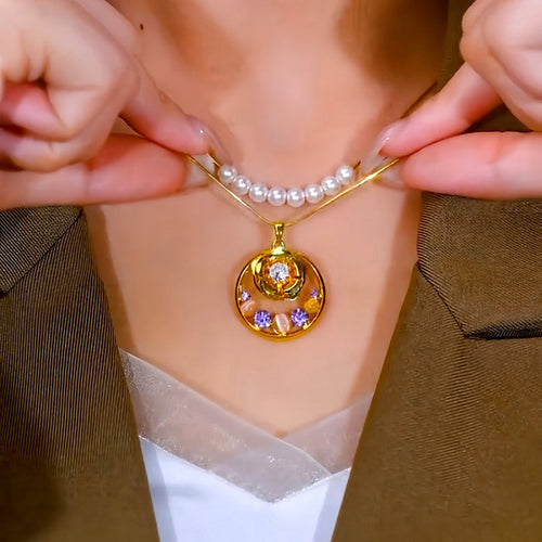 18K Gold-Plated Elegant Double-Layer Purple Diamond Rose Pearl Necklace