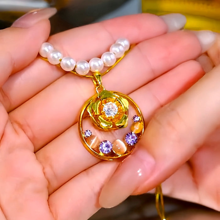 18K Gold-Plated Elegant Double-Layer Purple Diamond Rose Pearl Necklace