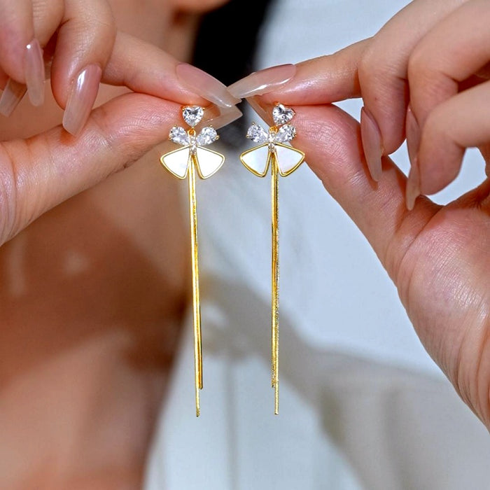 18K Gold-Plated Elegant Zircon Bow Tassel Earrings