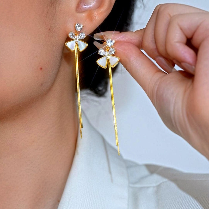 18K Gold-Plated Elegant Zircon Bow Tassel Earrings