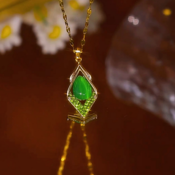 18K Gold-Plated Green Cat's Eye Diamond Pendant Necklace