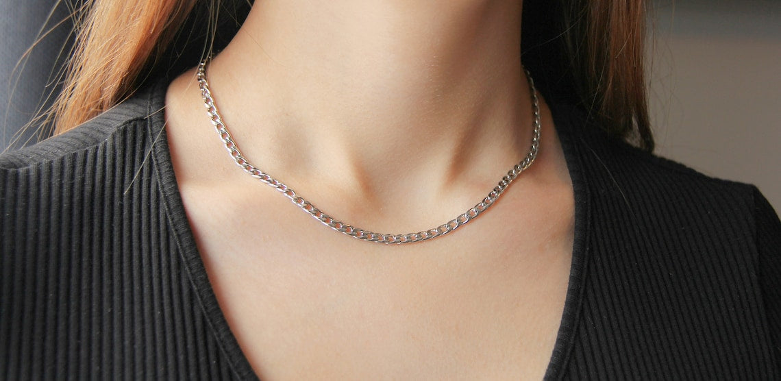 Silver 4mm curb chain necklace for men or women / stainless steel water safe non tarnish chain